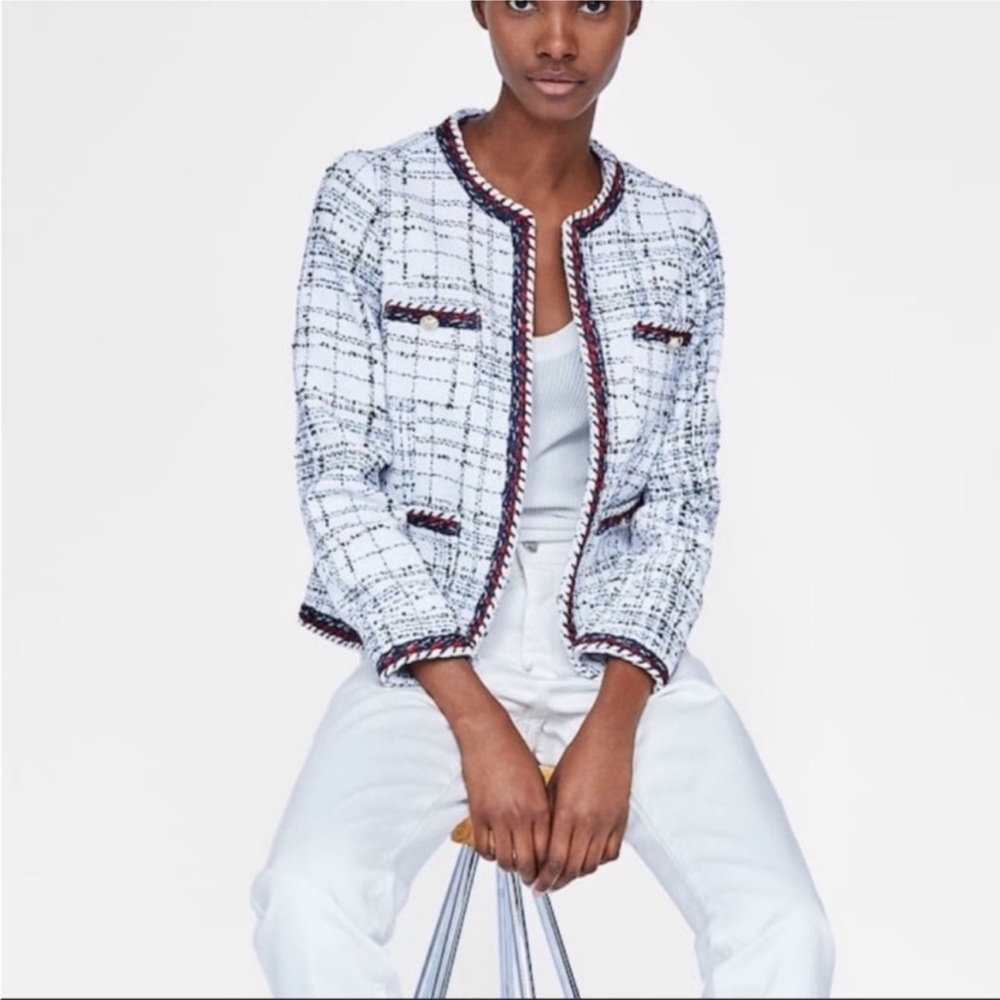 Like New Zara Plaid Chanel-style Women's White, Navy, Black Tweed Jacket, XS